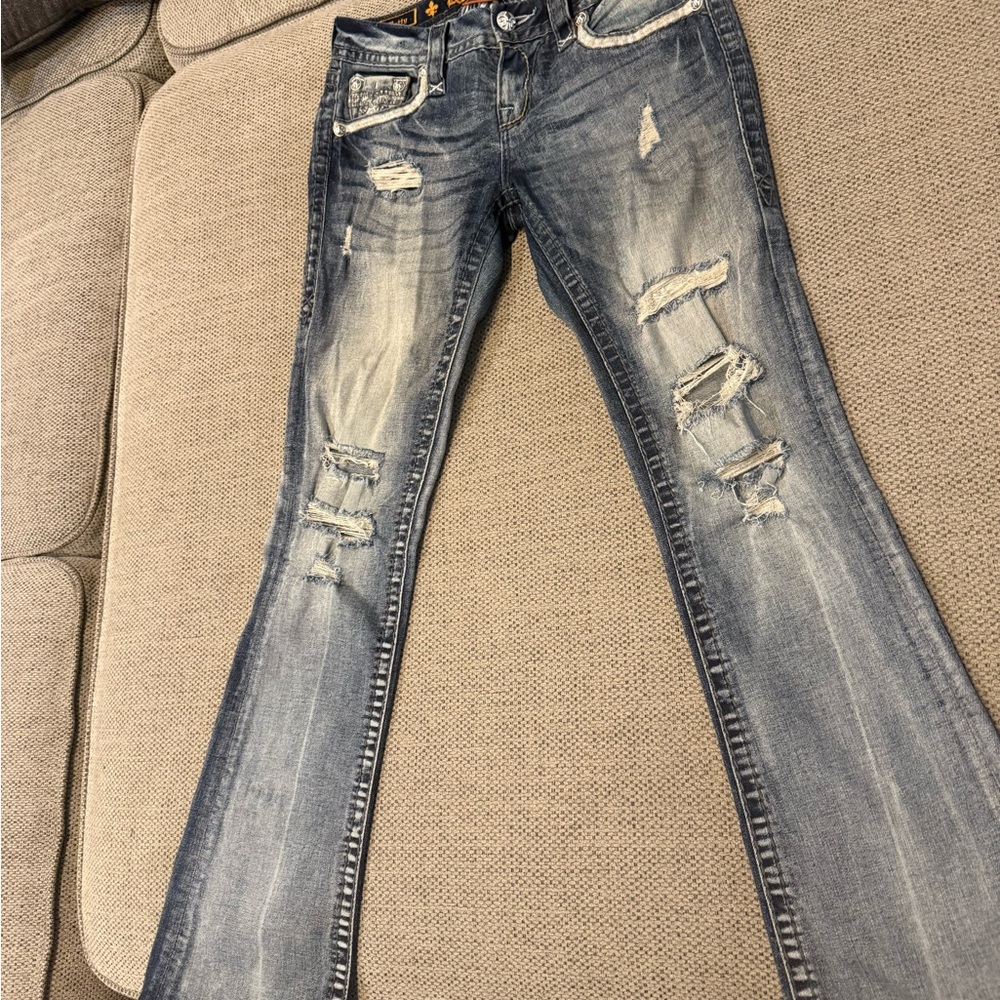 Rock Revival Blue Boot Cut Jeans with Distressed Details